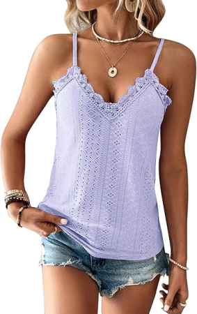 Tricou lejer de vară, cu guler in V, bretele subtiri, dantela, mov M [3]