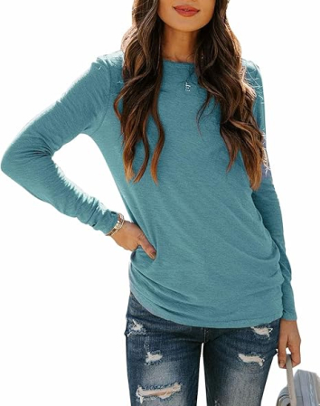 Tricou lejer de vară, cu guler rotund, mânecă lunga, turcoaz M [2]