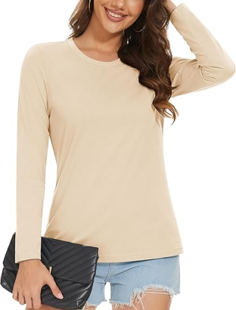 Tricouri dama - Tricou lejer de vară, cu guler rotund, mânecă lunga, crem S