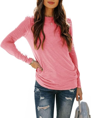 Tricou lejer de vară, cu guler rotund, mânecă lunga, roz L [2]