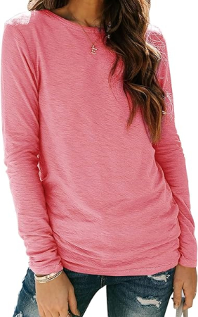 Tricouri dama - Tricou lejer de vară, cu guler rotund, mânecă lunga, roz L