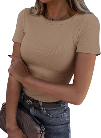 Tricouri dama - Tricou mulat, cu dungi, slim fit, de vară, cu guler rotund, mânecă scurtă, elastic S bej