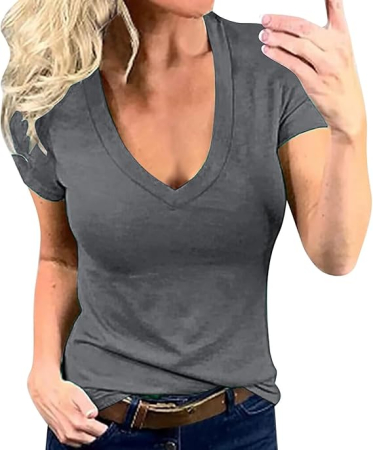 Tricou gri de damă cu decolteu în V, M [1]