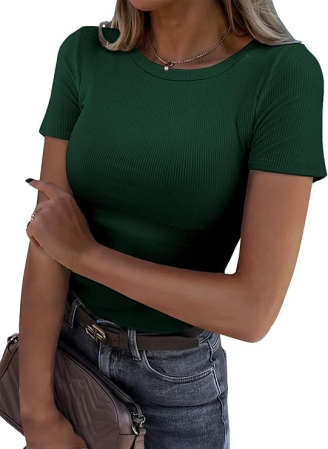 Tricouri dama - Tricou mulat, cu dungi, slim fit, de vară, cu guler rotund, mânecă scurtă, elastic M verde