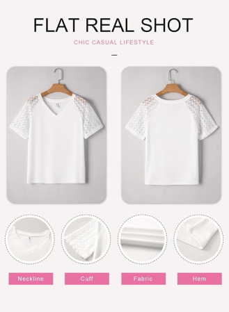 Tricou alb de vară pentru femei, maneci dantelate, decolteu in V, M [4]