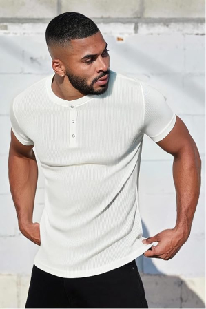 Tricou alb Henley Bărbați Slim Fit, Mâneci scurte, Guler cu Nasturi, L [1]