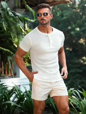 Tricou alb Henley Bărbați Slim Fit, Mâneci scurte, Guler cu Nasturi, L [2]