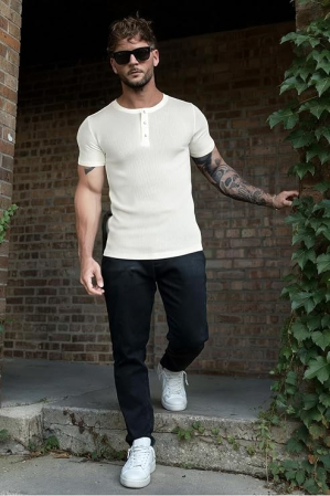 Tricou alb Henley Bărbați Slim Fit, Mâneci scurte, Guler cu Nasturi, L [5]