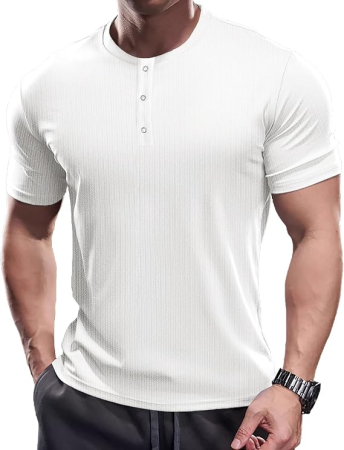 Bluze barbati - Tricou alb Henley Bărbați Slim Fit, Mâneci scurte, Guler cu Nasturi, L