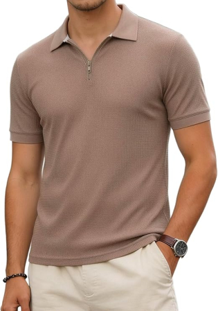 Tricouri barbati - Tricou polo de vara pentru barbati, cu fermoar, kaki 2XL