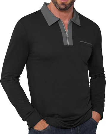 TRICOURI - Tricou polo de vara pentru barbati, cu fermoar, negru XL