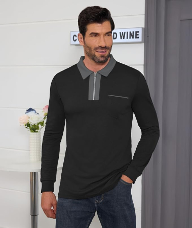 Tricou polo de vara pentru barbati, cu fermoar, negru XL [1]