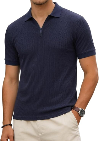Tricouri barbati - Tricou polo de vara pentru barbati, cu fermoar, albastru S