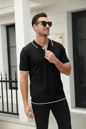 Tricou polo de vara pentru barbati, cu nasturi, negru XL [1]