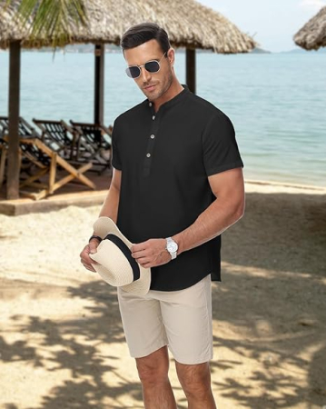 Tricou de vara pentru barbati, cu nasturi, negru S [2]