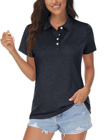 TRICOURI - Tricou Polo negru Damă MAGCOMSEN, Mânecă Scurtă, Uscare Rapidă, Golf și Tenis,  M
