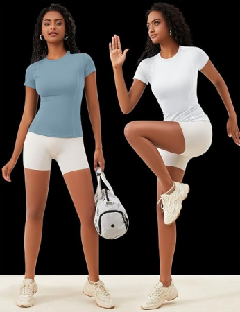 Tricouri bleu/alb Sport Damă Seamless, Elastic și Respirabil, Mânecă Scurtă, Fitness și Yoga, L [2]