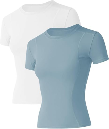 Tricouri dama - Tricouri bleu/alb Sport Damă Seamless, Elastic și Respirabil, Mânecă Scurtă, Fitness și Yoga, L