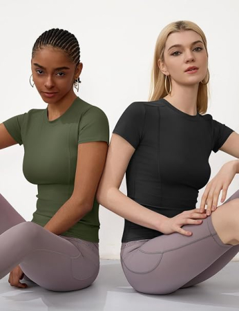 Tricouri Sport Damă, 85% Poliester, 15% Spandex, Elastice și Respirabile, Slim Fit, negru/verde 2 buc S [4]