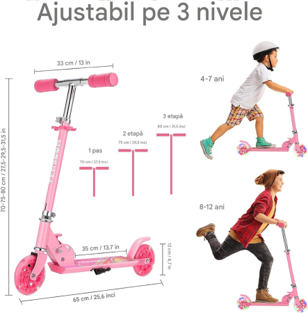 Trotinetă Copii TENBOOM, Pliabilă, Reglabilă, 2 Roți LED, Frână Spate, 3-10 Ani [3]