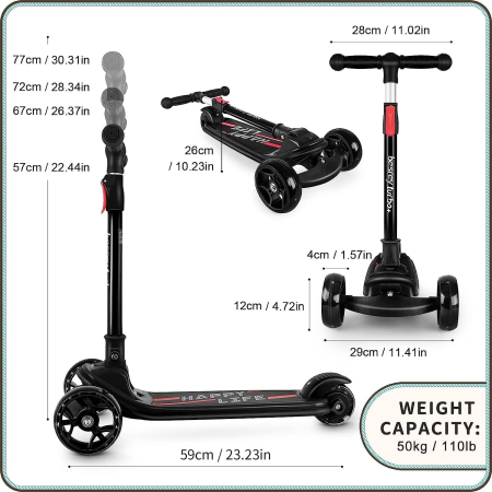 Trotineta neagra cu 3 roti, pentru copii 2-10 ani, roti iluminate LED, inaltime reglabila [7]