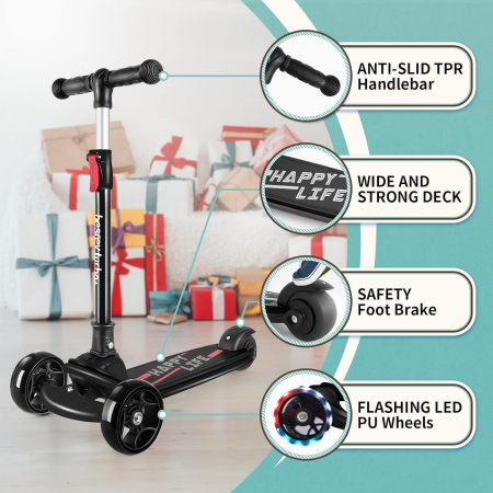 Trotineta neagra cu 3 roti, pentru copii 2-10 ani, roti iluminate LED, inaltime reglabila [2]