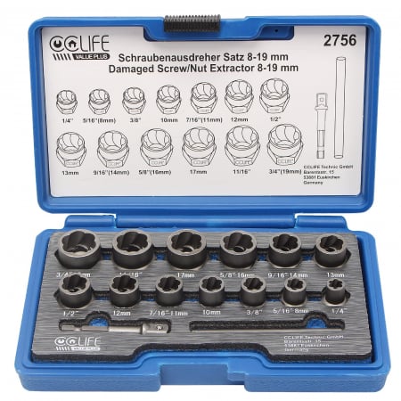 SCULE AUTO - Trusa extractoare 3/8" pentru piulite si suruburi deteriorate 8-19mm 15 piese