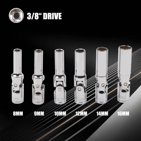 Trusa 6 tubulare 3/8" lungi articulate pentru inlocuit buji 8, 9, 10, 12, 14, 16mm [1]