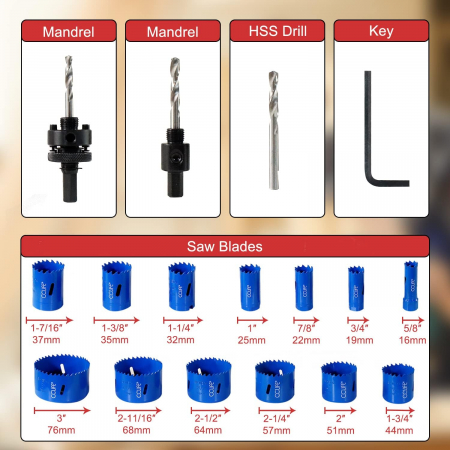 Trusa carote bi-metal M3 HSS-CO, pentru găurirea oțelului inoxidabil, metal ușor, lemn, PVC, plastic etc., 16-76mm adâncime de tăiere 38mm, 18 piese [1]