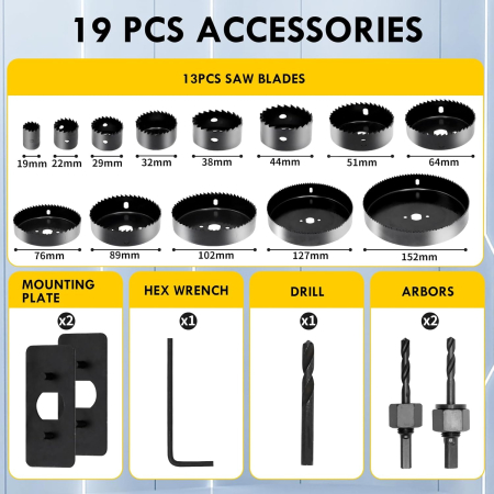 Trusa carote Ø19mm-152mm 19 bucati, adancime de taiere 25mm pentru lemn, plastic, gips-carton [2]