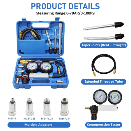Kit dual tester compresie motor manometru si test scurgeri cu tijă extensie 100PSI, 0-7 bari [5]