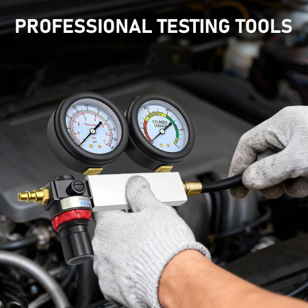 Kit dual tester compresie motor manometru si test scurgeri cu tijă extensie 100PSI, 0-7 bari [2]
