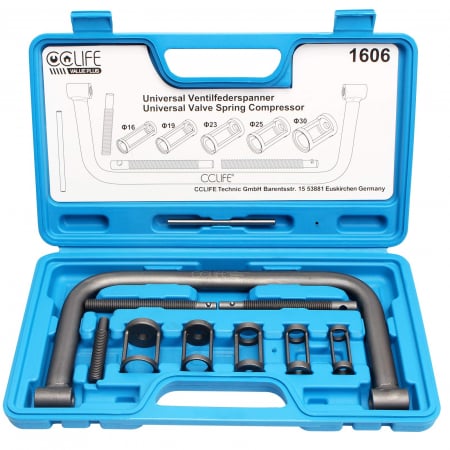 SCULE AUTO - Trusa inlocuit arcuri supape cu maner, 5 adaptoare,1 stift, 3 tije filetate