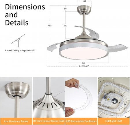 Ventilator de tavan cu lumină LED reglabilă în 3 culori și telecomandă, motor silențios reversibil DC cu 6 trepte [6]