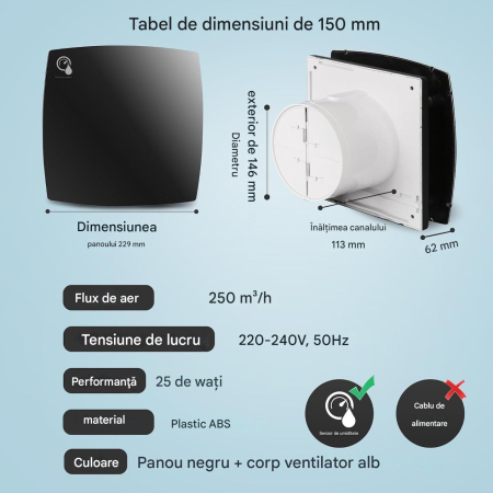 Ventilator baie de 150 mm cu senzor de umiditate si temporizator, functionare silentioasa, consum redus de energie, negru [1]