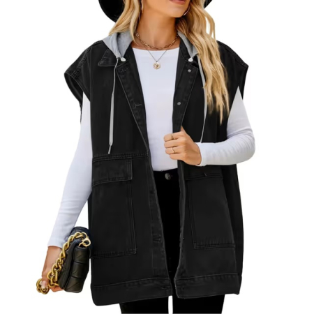 Geci si Veste dama - Vesta neagra de blugi cu gluga pentru femei, S