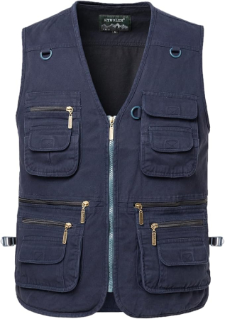 Geci si veste barbati - Vesta albastra din denim, cu fermoar si buzunare pentru iesiri in natura, 3XL