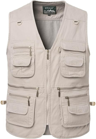 Geci si veste barbati - Vesta crem din denim, cu fermoar si buzunare pentru iesiri in natura, 5XL