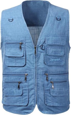 Geci si veste barbati - Vesta albastra din denim, cu fermoar si buzunare pentru iesiri in natura, 6XL