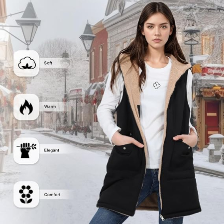 Vestă neagra de Damă Lungă Reversibilă, Căptușită cu Pluș, cu Glugă și Fermoar, 2 Buzunare, Călduroasă pentru Toamnă-Iarnă, XL [5]