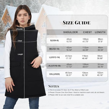Vestă neagra de Damă Lungă Reversibilă, Căptușită cu Pluș, cu Glugă și Fermoar, 2 Buzunare, Călduroasă pentru Toamnă-Iarnă, XL [2]