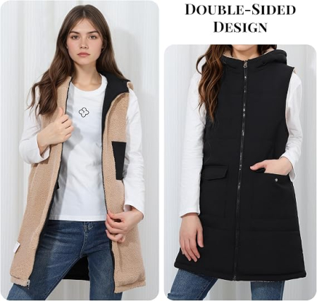 Vestă neagra de Damă Lungă Reversibilă, Căptușită cu Pluș, cu Glugă și Fermoar, 2 Buzunare, Călduroasă pentru Toamnă-Iarnă, XL [1]