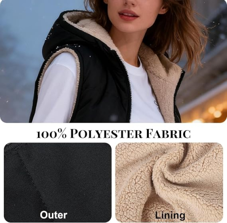 Vestă neagra de Damă Lungă Reversibilă, Căptușită cu Pluș, cu Glugă și Fermoar, 2 Buzunare, Călduroasă pentru Toamnă-Iarnă, XL [4]