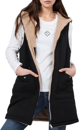 Geci si Veste dama - Vestă neagra de Damă Lungă Reversibilă, Căptușită cu Pluș, cu Glugă și Fermoar, 2 Buzunare, Călduroasă pentru Toamnă-Iarnă, XL