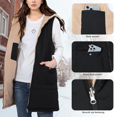 Vestă neagra de Damă Lungă Reversibilă, Căptușită cu Pluș, cu Glugă și Fermoar, 2 Buzunare, Călduroasă pentru Toamnă-Iarnă, XL [3]