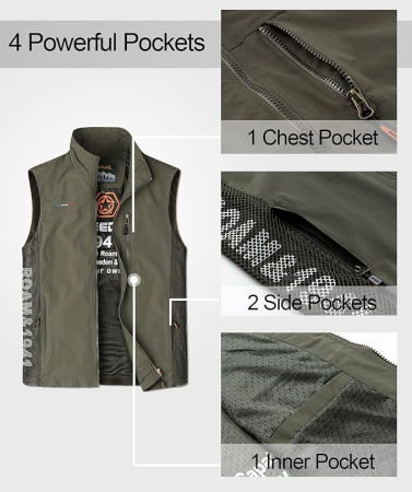 Vesta usoara, respirabila, cu fermoar si buzunare pentru iesiri in natura, verde M [6]