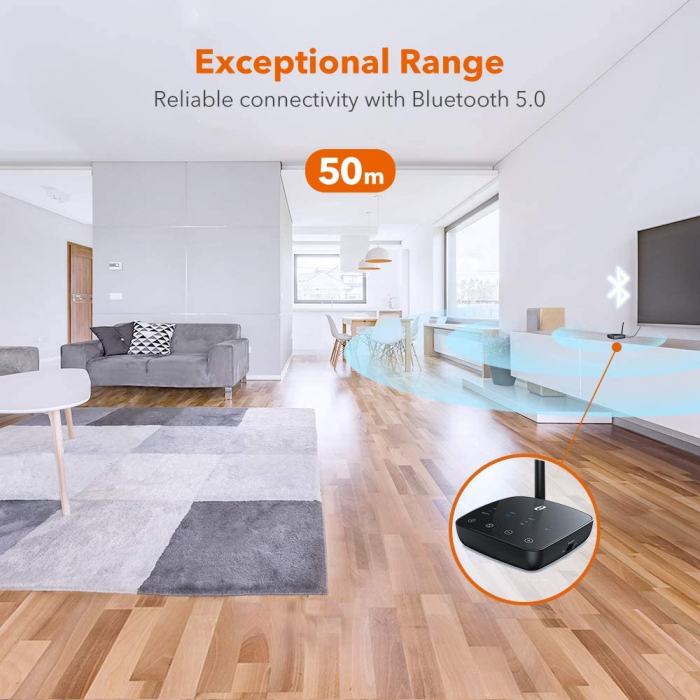 Adaptor Bluetooth Transmitator si Receptor Audio TaoTronics TT-BA014, Bluetooth 5.0, Cablu Optic  Jack 3.5mm, conectare 2 casti, aptX HD, 50m [2]