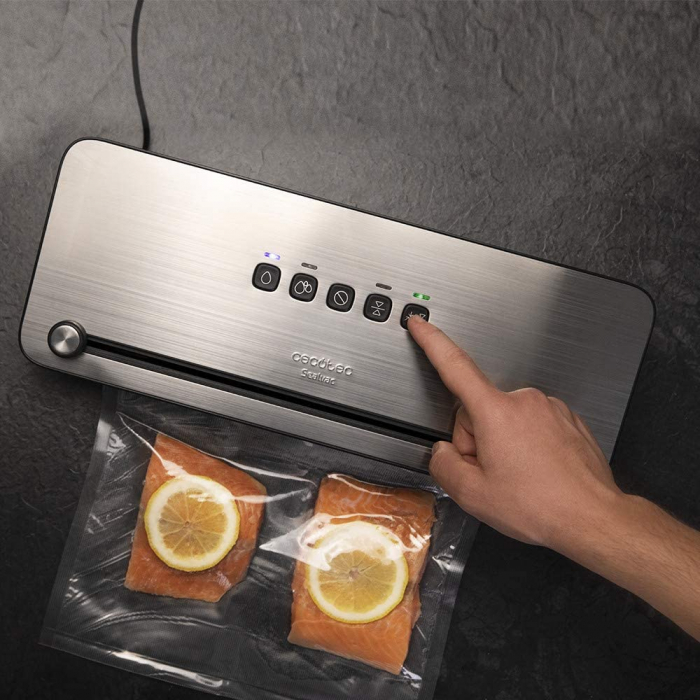 Aparat de vidat si sigilat alimente Cecotec 140 SteelCut, putere 140 W, latime 31.5 cm,Taiere folie, vidare umeda uscata, vidare caserole, rola pungi inclusa [2]