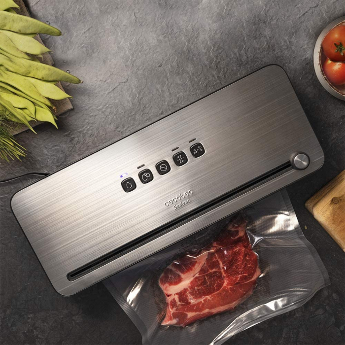 Aparat de vidat si sigilat alimente Cecotec 140 SteelCut, putere 140 W, latime 31.5 cm,Taiere folie, vidare umeda uscata, vidare caserole, rola pungi inclusa [5]