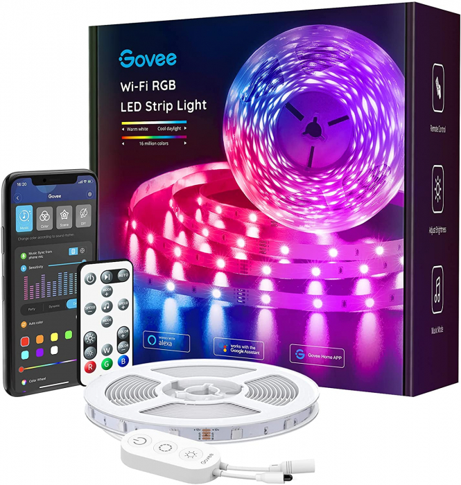 Banda LED Govee H6141 RGB, Sincronizare Muzica, Wifi si Bluetooth, 5m, Telecomanda, Alexa , Google Asistant [1]